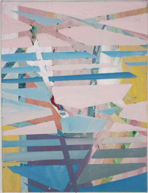 This artwork, titled "Balancing" by Beata Kozlowska, depicts a colourful composition of geometric shapes and lines in a collage style. The art piece features vibrant hues with a multitude of angles and overlapping forms that create a sense of dynamic movement and balance. Acrylic on canvas 61x46 cm 2022