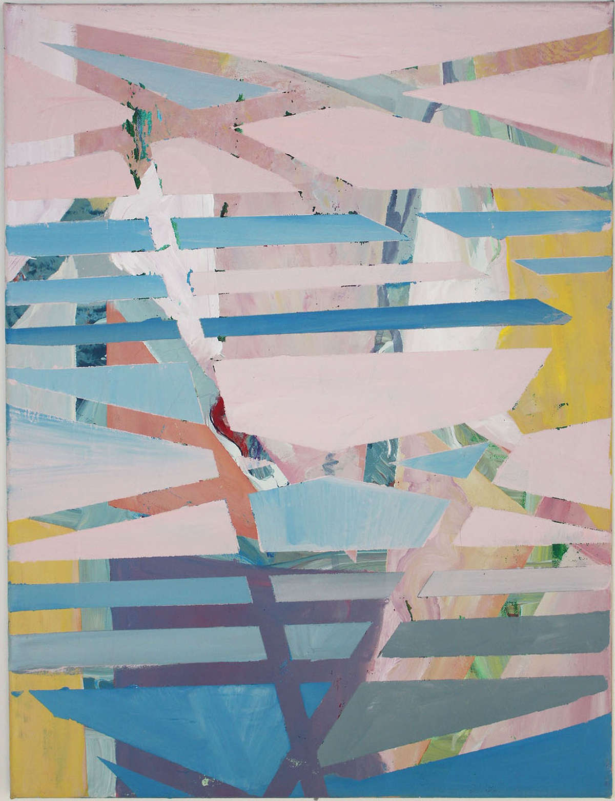 This artwork, titled "Balancing" by Beata Kozlowska, depicts a colourful composition of geometric shapes and lines in a collage style. The art piece features vibrant hues with a multitude of angles and overlapping forms that create a sense of dynamic movement and balance. Acrylic on canvas 61x46 cm 2022