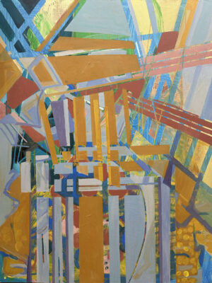 This artwork, titled "Unfathomable" by Beata Kozlowska, is an abstract painting that features a collage of geometric shapes in various colours. The use of lines and rectangles creates a sense of depth and complexity. Acrylic on canvas 122x91 cm 2025