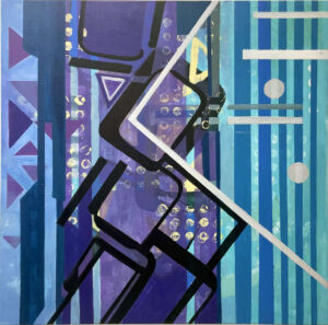 This artwork "At the Imaginary Junction" by Beata Kozlowska captures an abstract scene that appears to be both futuristic and reminiscent of a cityscape. It features geometric shapes, with a mix of blues, purples, and whites, blending in a way that suggests movement or energy. The piece seems to convey a sense of urban life and imagination, possibly indicating the intersection of creativity and reality in today's fast-paced world. Acrylic and Flashe on Canvas 76 x 76 cm 2025