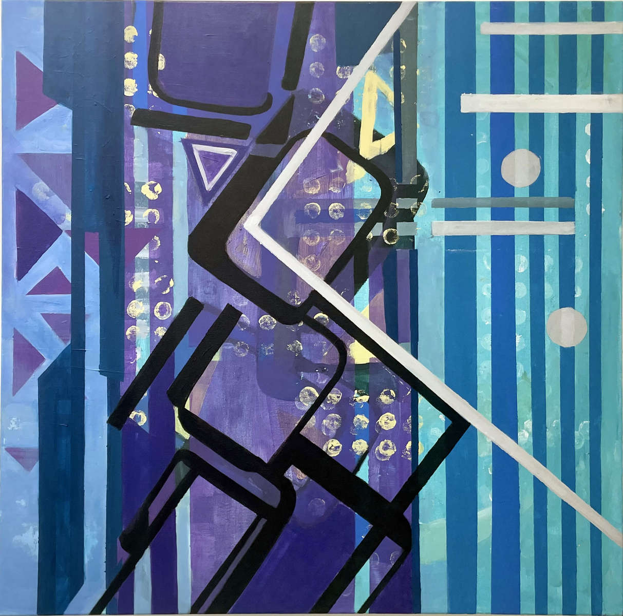 This artwork "At the Imaginary Junction" by Beata Kozlowska captures an abstract scene that appears to be both futuristic and reminiscent of a cityscape. It features geometric shapes, with a mix of blues, purples, and whites, blending in a way that suggests movement or energy. The piece seems to convey a sense of urban life and imagination, possibly indicating the intersection of creativity and reality in today's fast-paced world. Acrylic and Flashe on Canvas 76 x 76 cm 2025