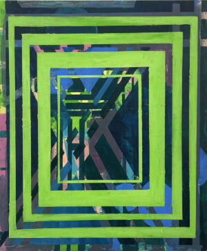 This artwork features a bold abstract design composed of geometric shapes in bright colours. The central motif is a large hexagon with alternating blocks of green and blue, surrounding a smaller, darker core. Within this core, there's an arrangement that resembles a cube or a maze-like structure, filled with intricate patterns and lines in shades of blue and red. The artwork has an intriguing quality, as if inviting the viewer to explore and unravel its hidden meaning. Acrylic and Flashe on Canvas 61 x 51cm 2025