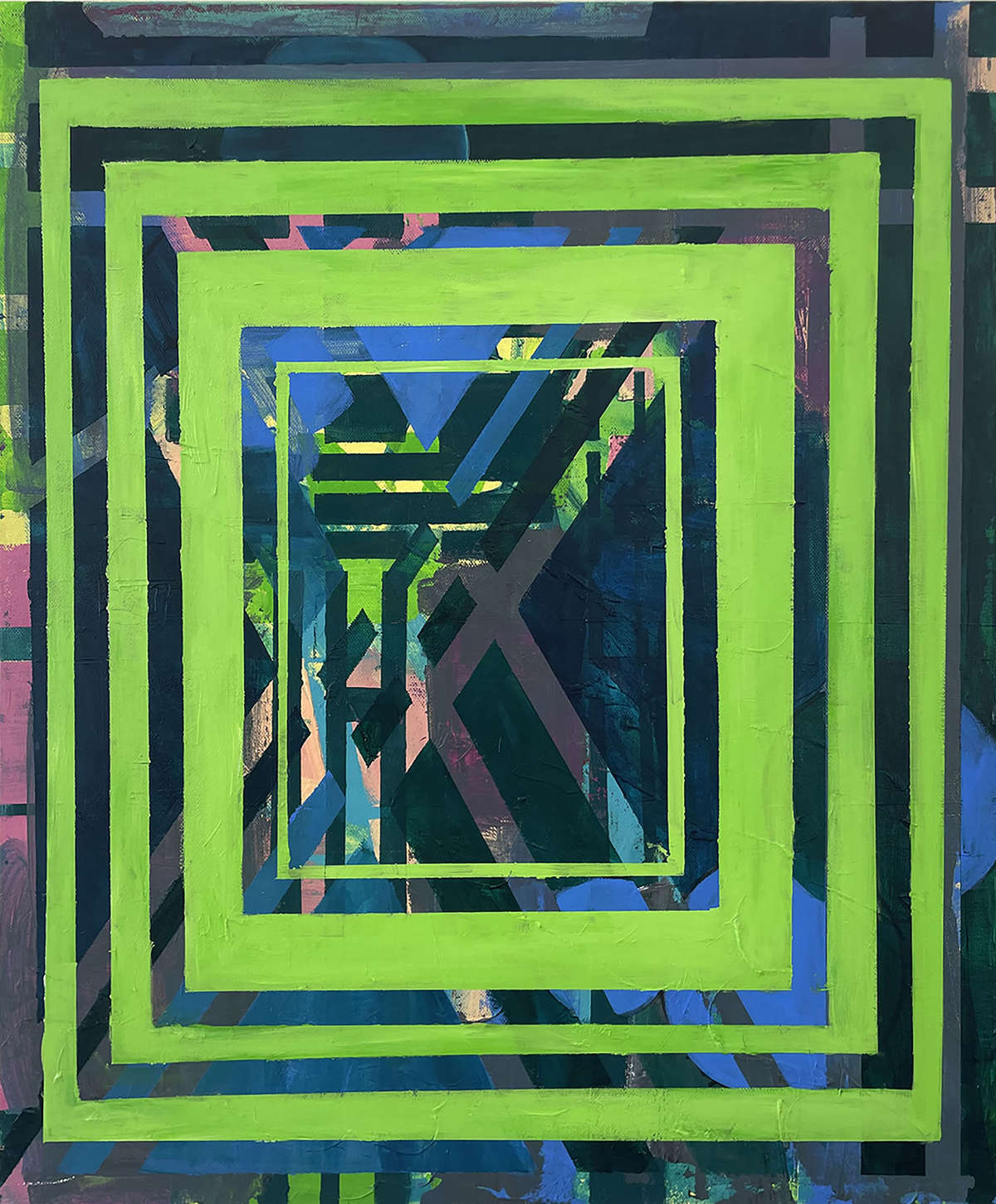 This artwork features a bold abstract design composed of geometric shapes in bright colours. The central motif is a large hexagon with alternating blocks of green and blue, surrounding a smaller, darker core. Within this core, there's an arrangement that resembles a cube or a maze-like structure, filled with intricate patterns and lines in shades of blue and red. The artwork has an intriguing quality, as if inviting the viewer to explore and unravel its hidden meaning. Acrylic and Flashe on Canvas 61 x 51cm 2025