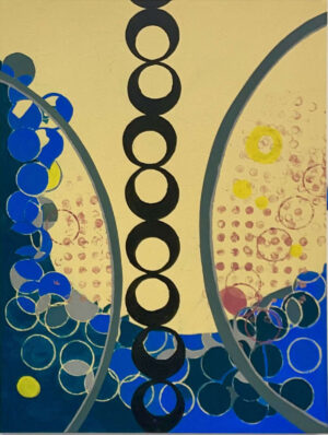 This artwork Living in a bubble by Beata Kozlowska depicts a vibrant scene of abstract shapes and circles against a contrasting blue background. The use of bright colours and geometric patterns creates a sense of depth and movement. Acrylic and Flashe on Canvas 102x78 cm 2025